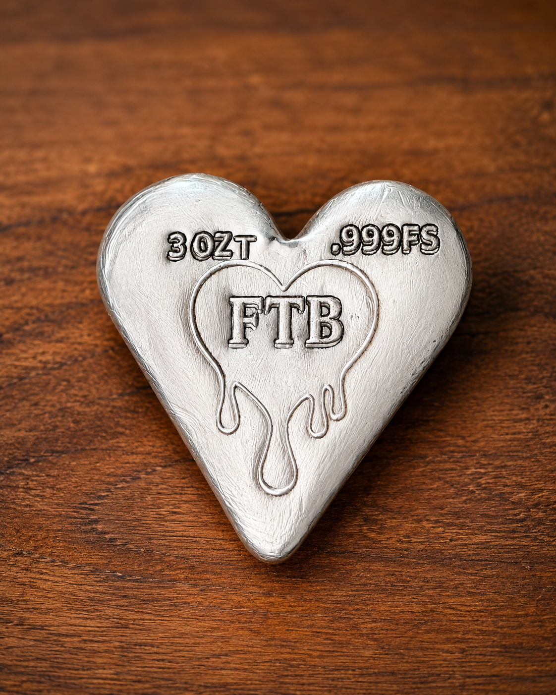 Hand-Poured Silver Heart Bar | 3 Troy Oz .999 Fine Silver | FTB