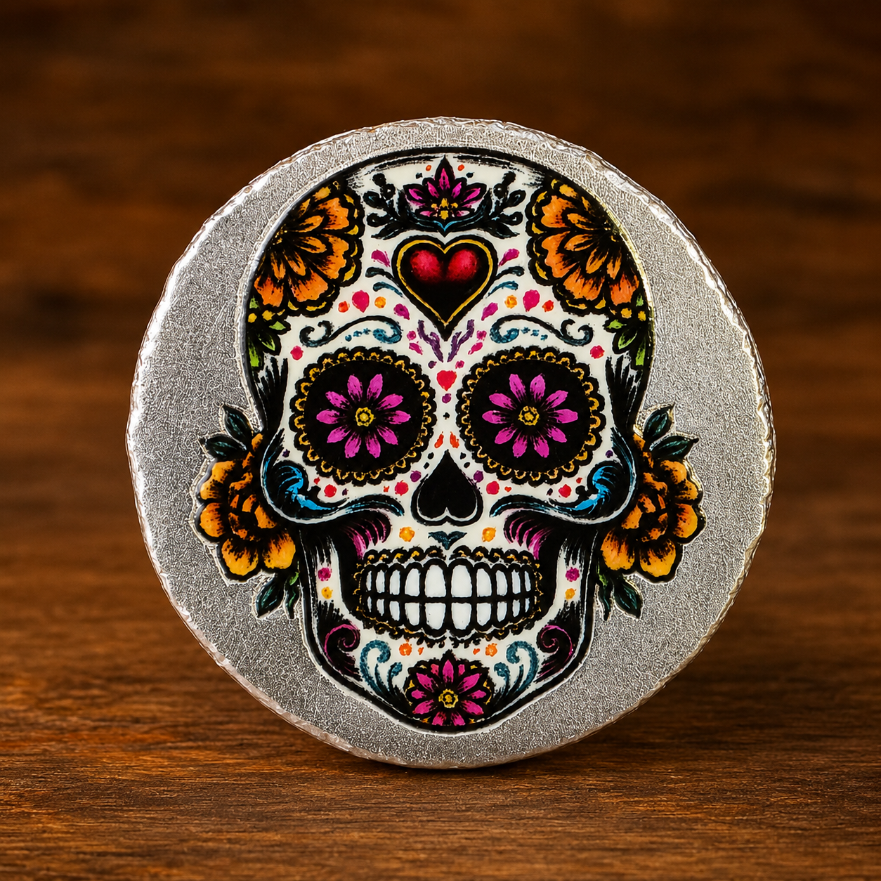 3D Colorized Sugar Skull 1 oz .999 Fine Silver Round | #1 of 100 | Raised Art