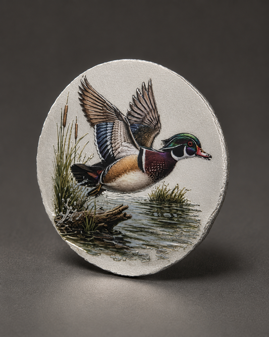 Wood Duck - 1 ozt .999 Fine Silver Engraved and 3-D Colorized Round