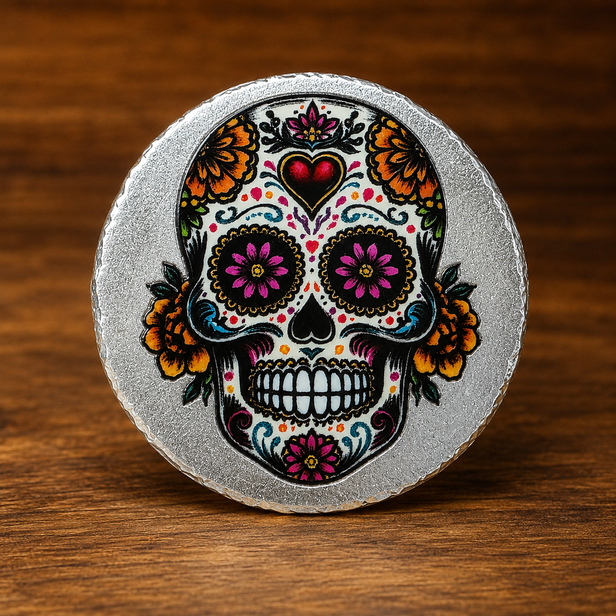 3D Colorized Sugar Skull 1 oz .999 Fine Silver Round | #1 of 100 | Raised Art