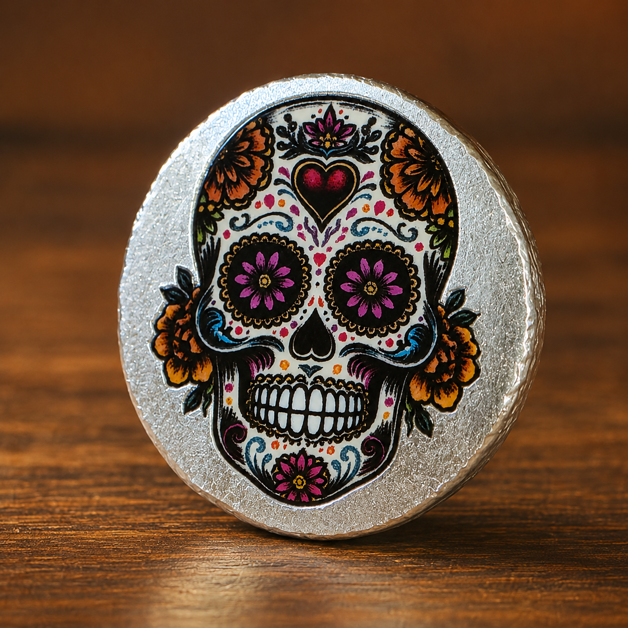 3D Colorized Sugar Skull 1 oz .999 Fine Silver Round | #1 of 100 | Raised Art